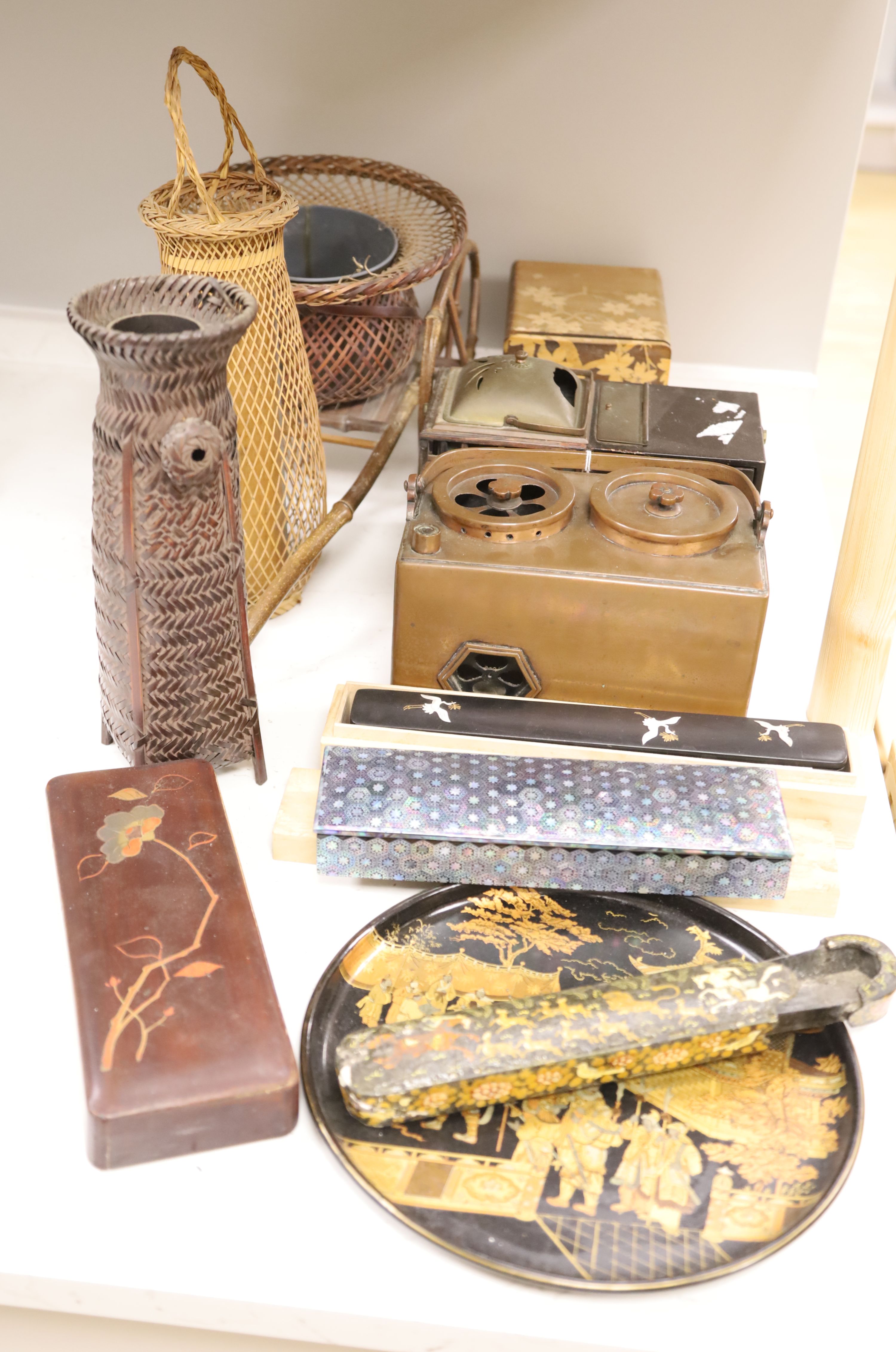 A group of Japanese lacquer wares, a portable smoking set and three basket weave ikebana (11)